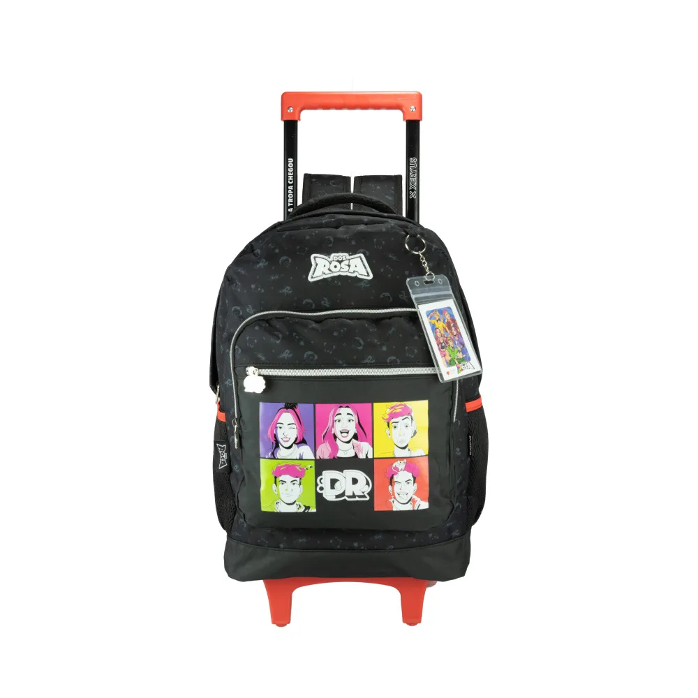 Mochila com Rodinhas e Alças Escolar Juvenil Grupo Multiverso Rosa com Chaveiro