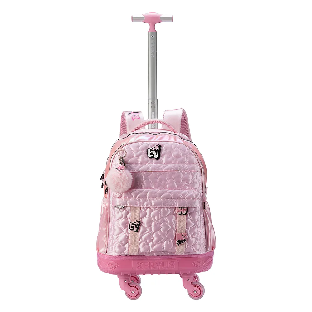 Mochila com 4 Rodinhas 360° e Alças Escolar Juvenil EV Cetim Rosa com Chaveiro