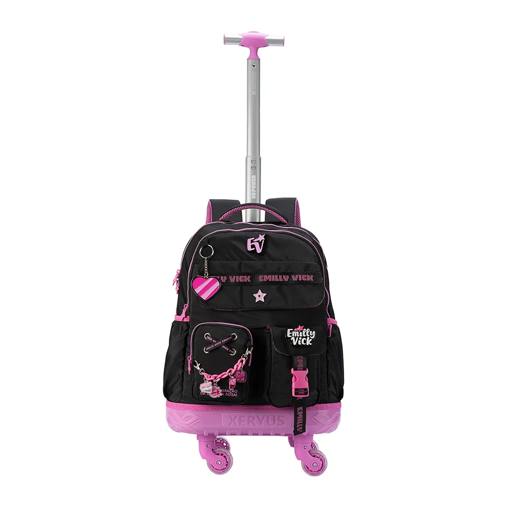 Mochila com 4 Rodinhas 360° e Alças Escolar Juvenil EV Nylon Preta com Chaveiro