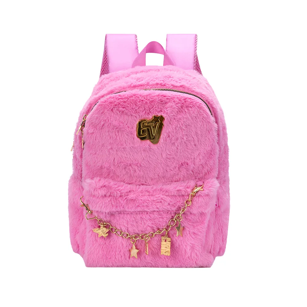 Mini Mochila Pelúcia Rosa com Charms Dourados EV