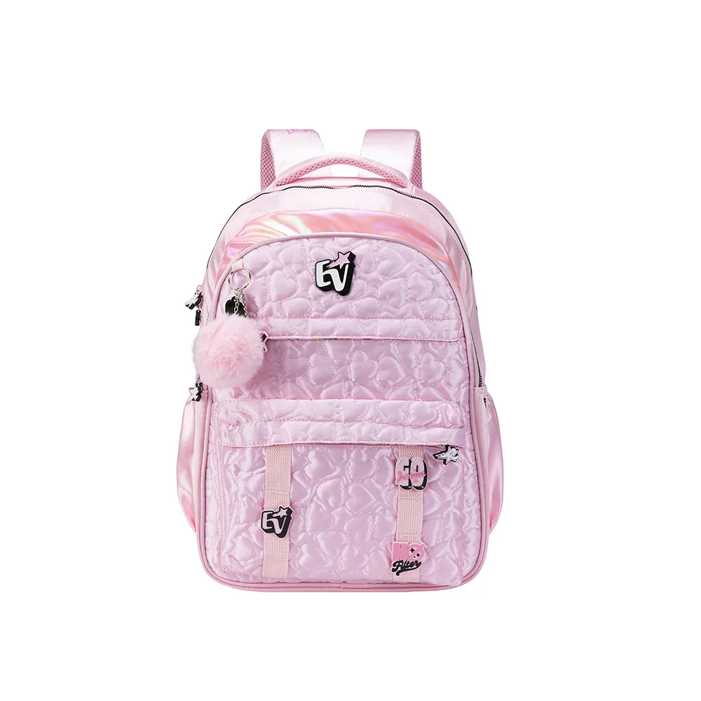 Mochila Escolar Juvenil EV Cetim Rosa com Chaveiro