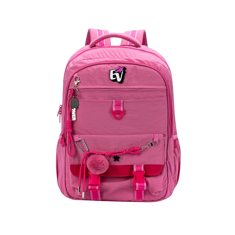Mochila Escolar Juvenil EV Taslan Nylon Rosa com Chaveiro