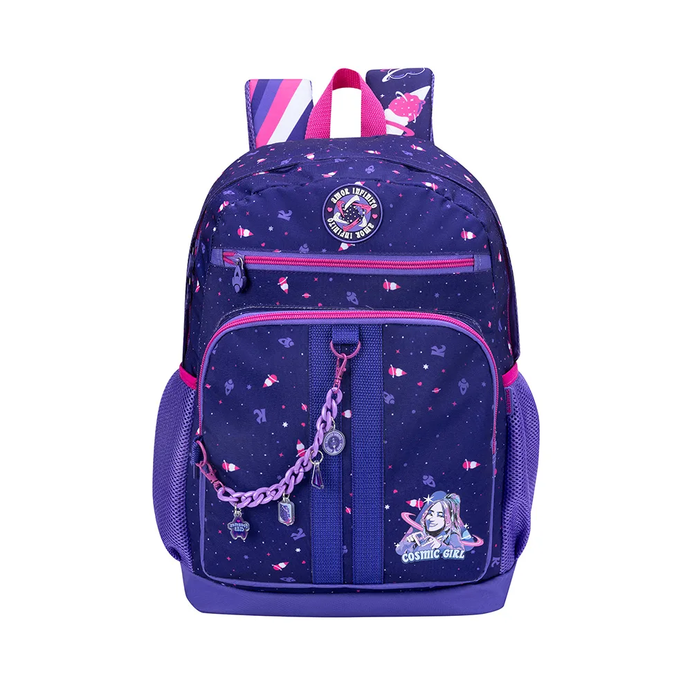 Mochila Escolar Juvenil Katlen Roxa com Charms Multiverso Rosa