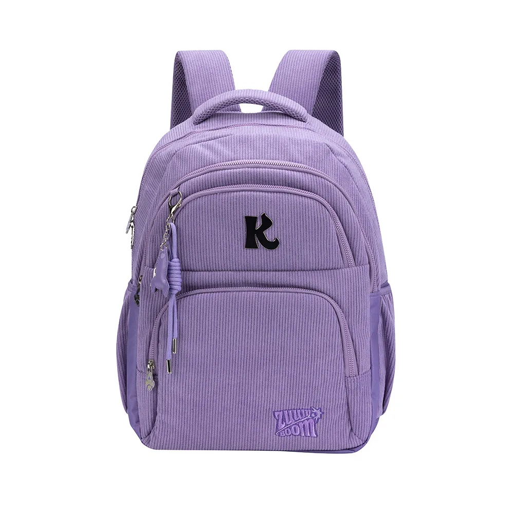 Mochila Escolar Juvenil Katlen Veludo Cotelê com Chaveiro Multiverso Rosa