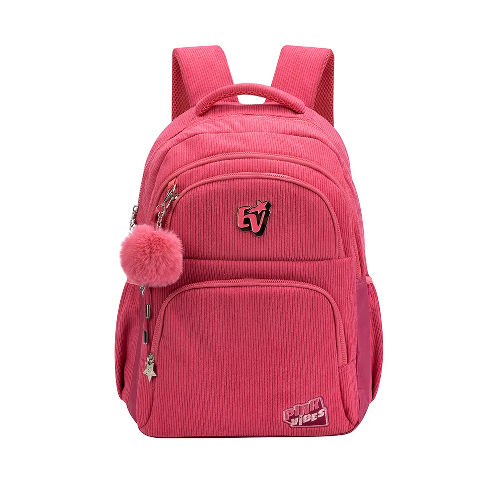 Mochila Escolar Juvenil EV Veludo Cotelê com Chaveiro
